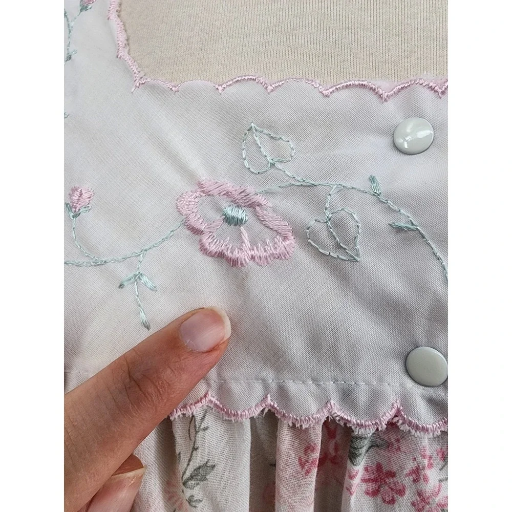 Vintage Floral Cotton Nightgown Womens Puff Sleeve Lace Trim Cottagecore Sleep
